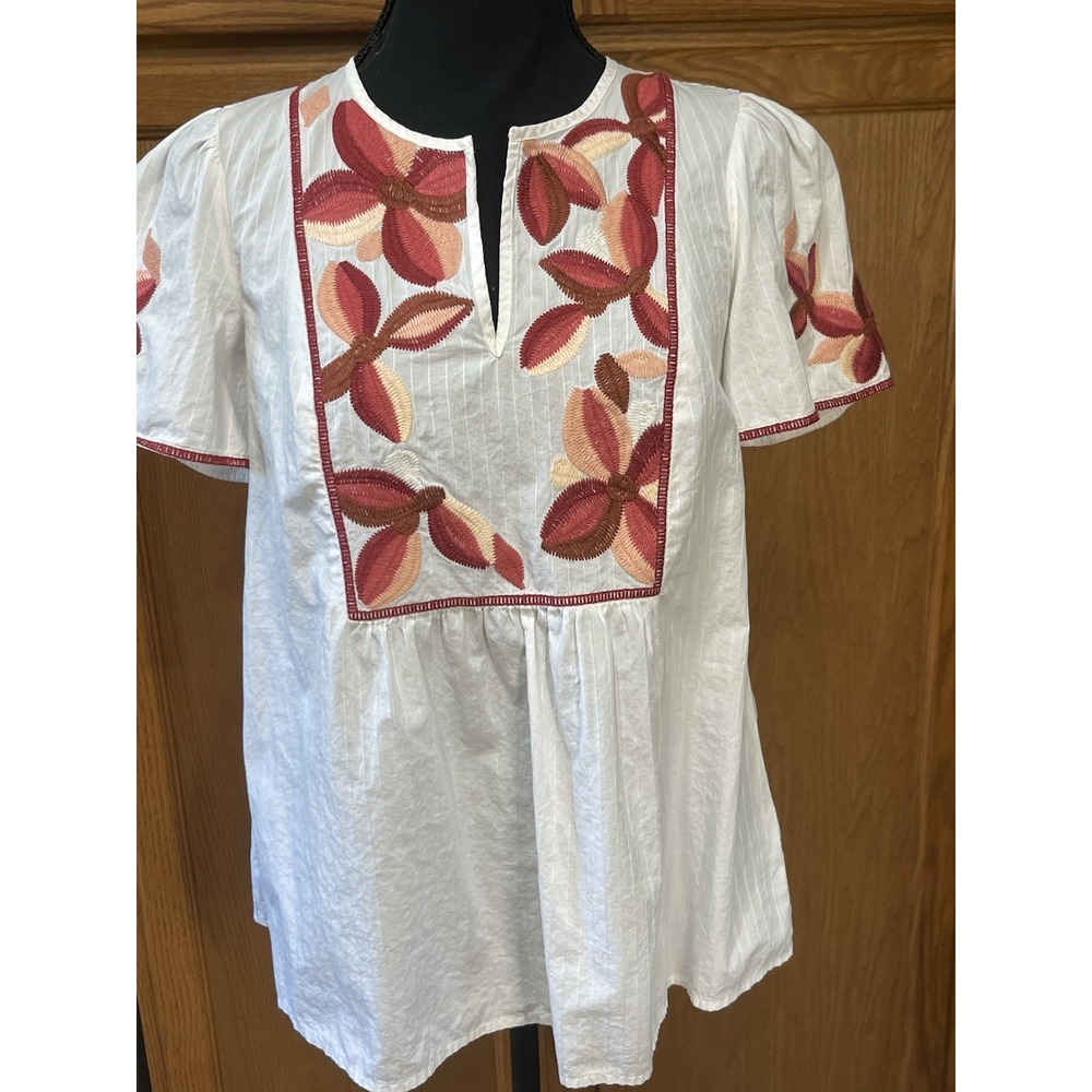 Madewell White Pink Burgundy‎ Floral Embroidered Boho Blouse Top Size XS - Picture 8 of 12